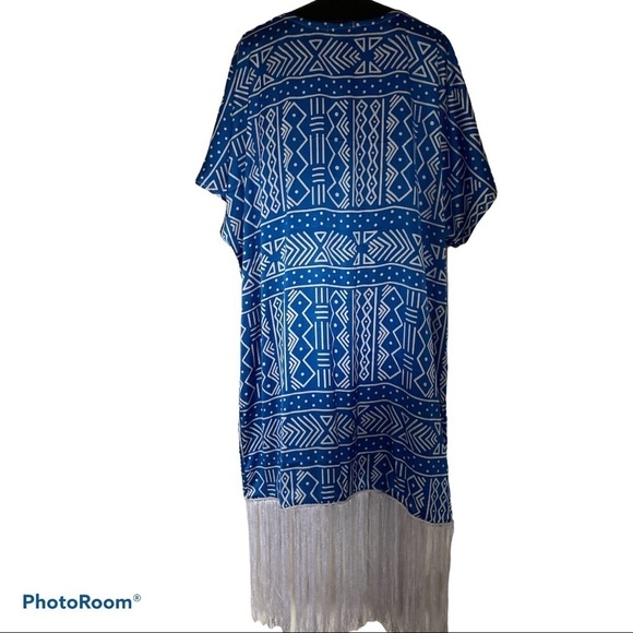 Adam Couture luxury  silky blue white urban print fringe maxi kaftan dress - Picture 3 of 12